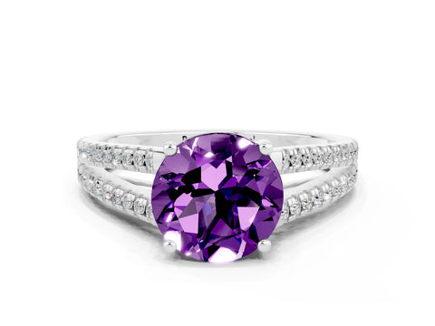 White gold Round Cut Amethyst Solitaire Engagement Ring with Split Shank Pavé Band