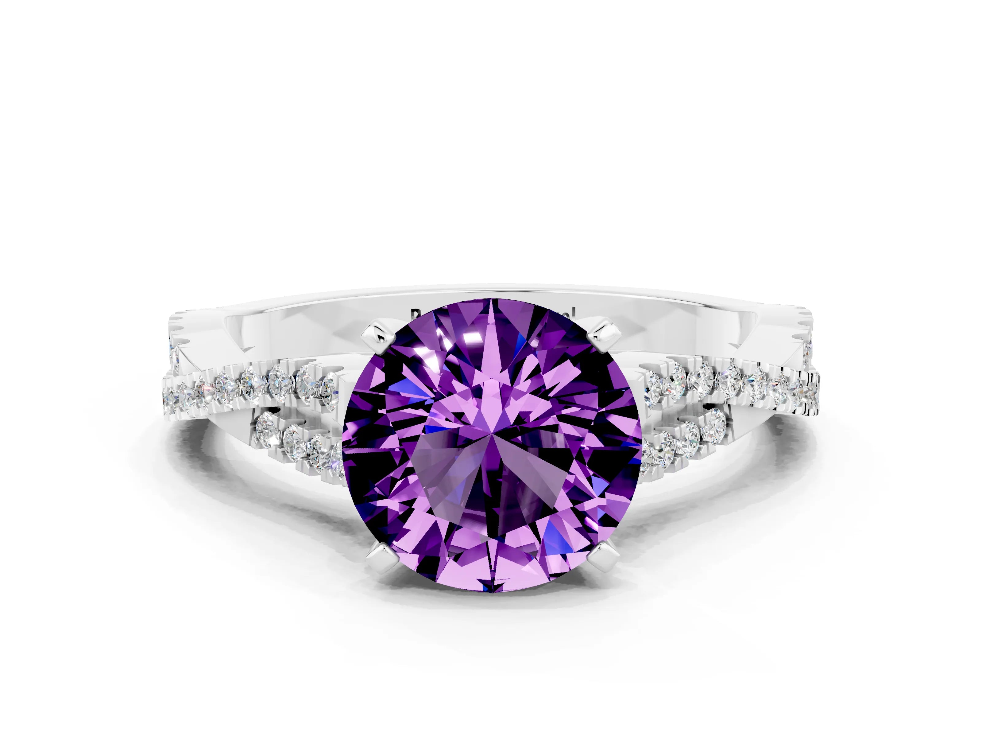 White gold Round Cut Amethyst Solitaire Engagement Ring with Twisted Pavé Band and Four-Prong Setting_12