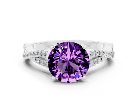 White gold Round Cut Amethyst Solitaire Engagement Ring with Twisted Pavé Band and Four-Prong Setting_12