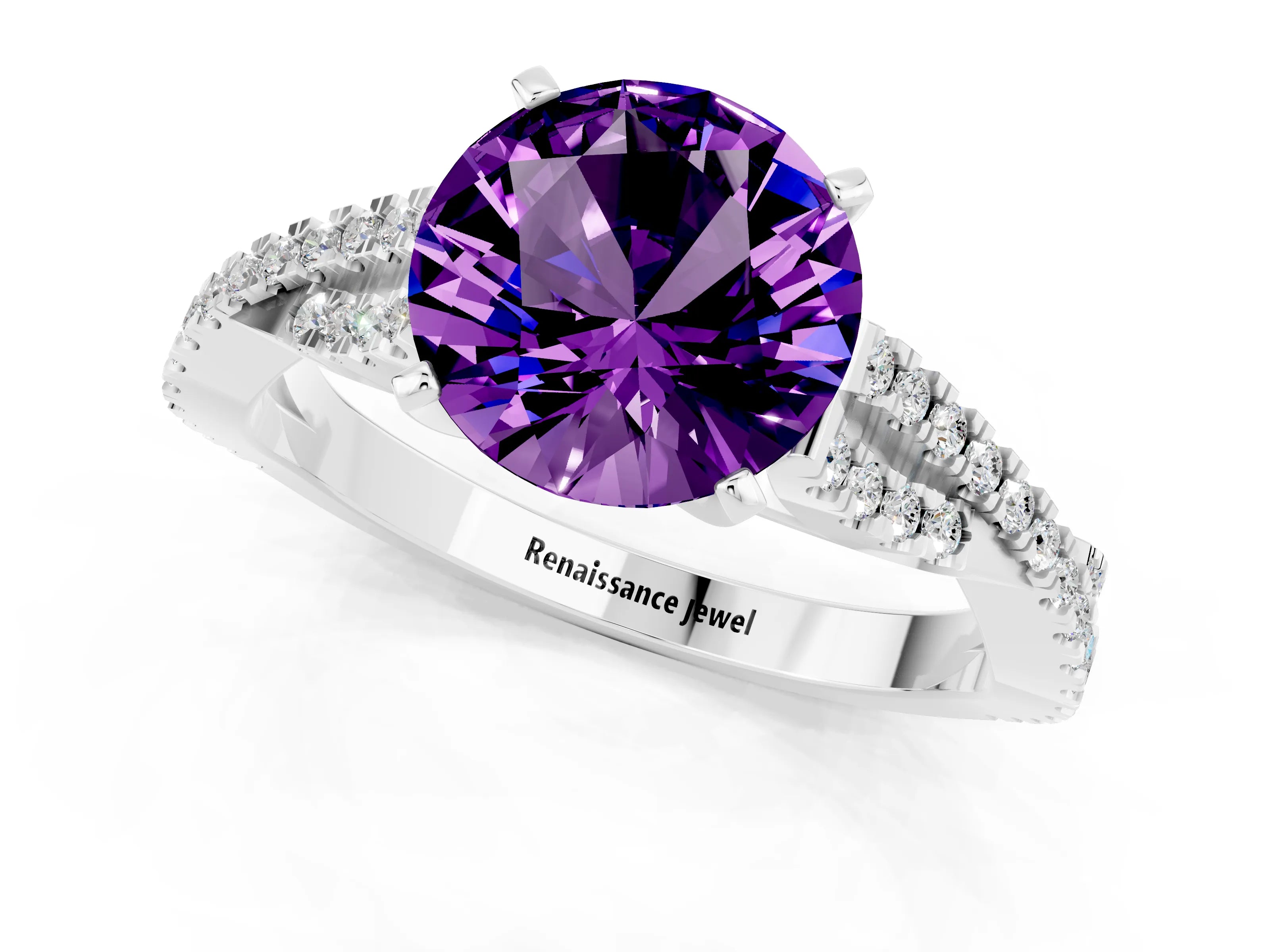 White gold Round Cut Amethyst Solitaire Engagement Ring with Twisted Pavé Band and Four-Prong Setting_13
