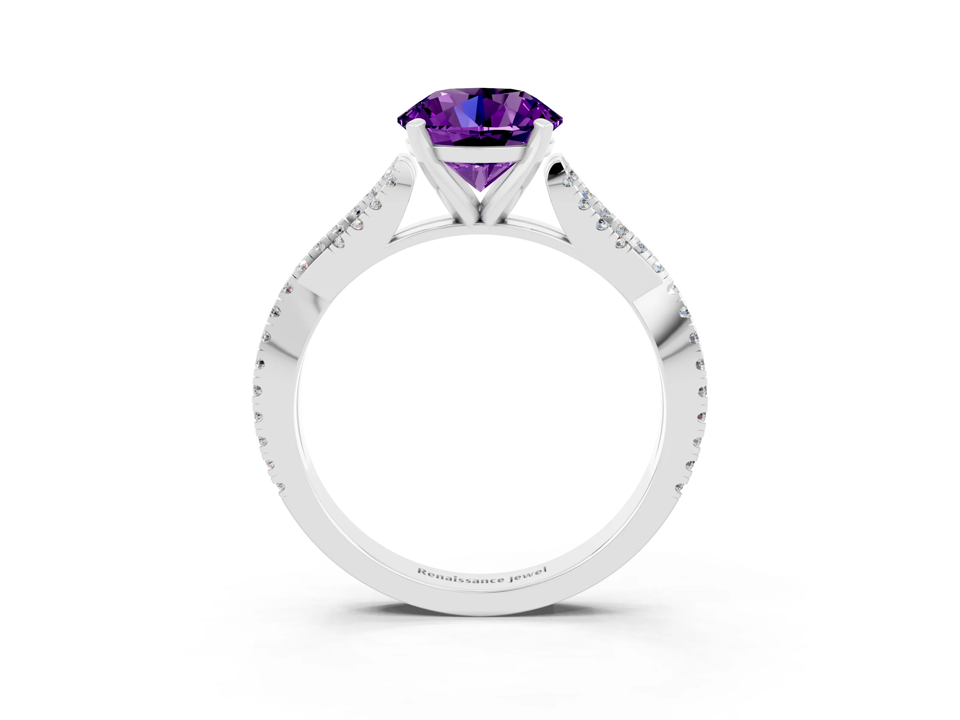White gold Round Cut Amethyst Solitaire Engagement Ring with Twisted Pavé Band and Four-Prong Setting_15