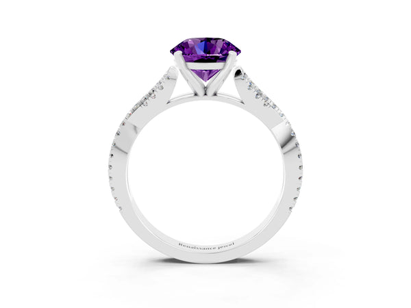 Silver Round Cut Amethyst Solitaire Engagement Ring with Twisted Pavé Band and Four-Prong Setting