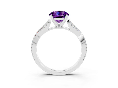White gold Round Cut Amethyst Solitaire Engagement Ring with Twisted Pavé Band and Four-Prong Setting_15
