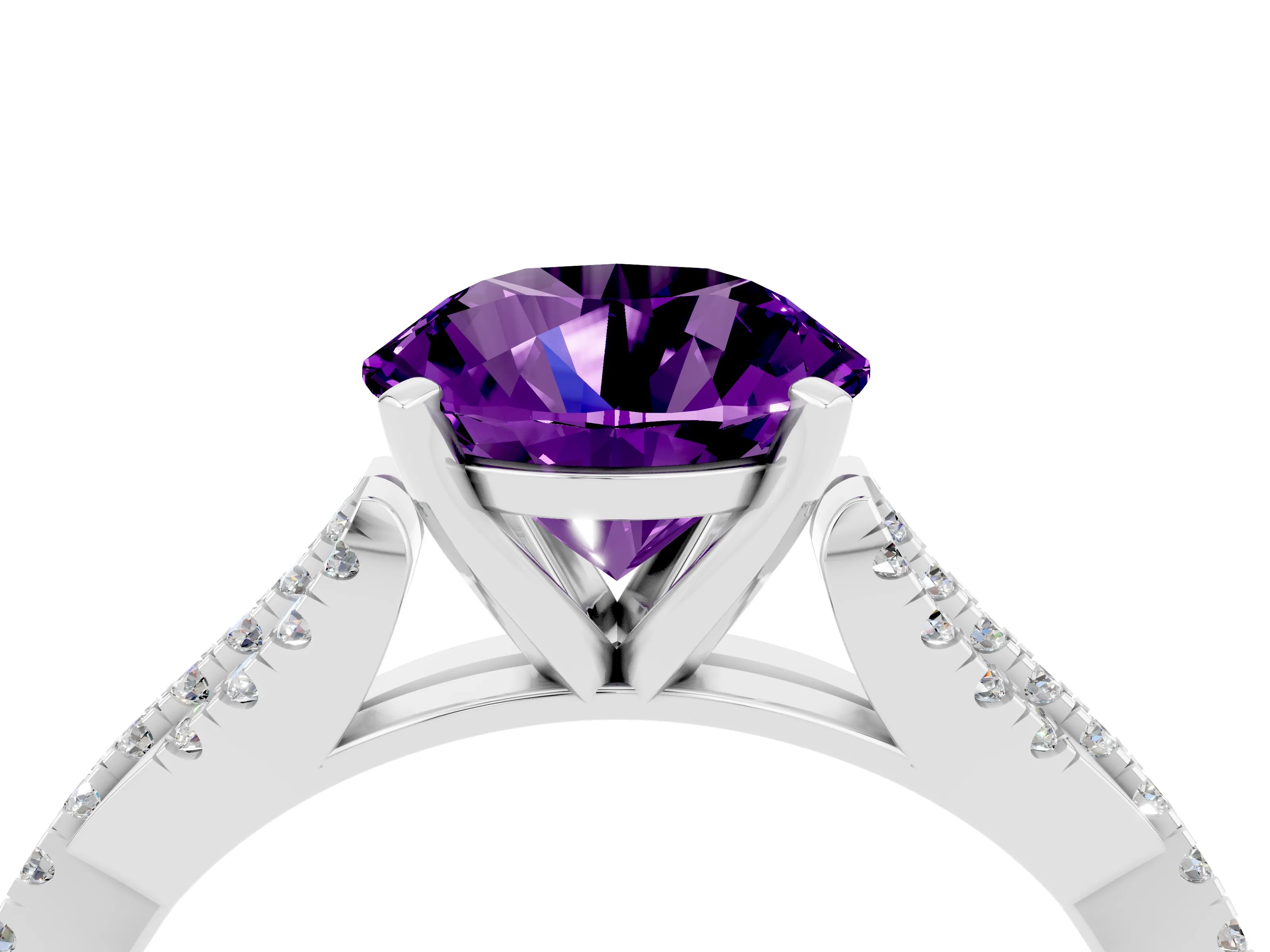 White gold Round Cut Amethyst Solitaire Engagement Ring with Twisted Pavé Band and Four-Prong Setting_16