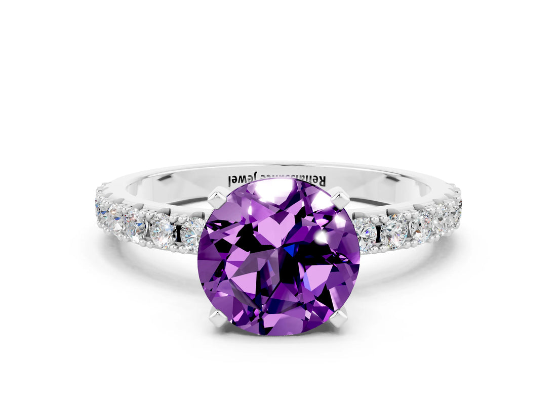 White gold Round Cut Amethyst Solitaire Pavé Band with Four-Prong Setting
