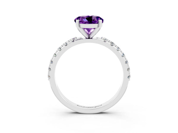 White gold Round Cut Amethyst Solitaire Pavé Band with Four-Prong Setting