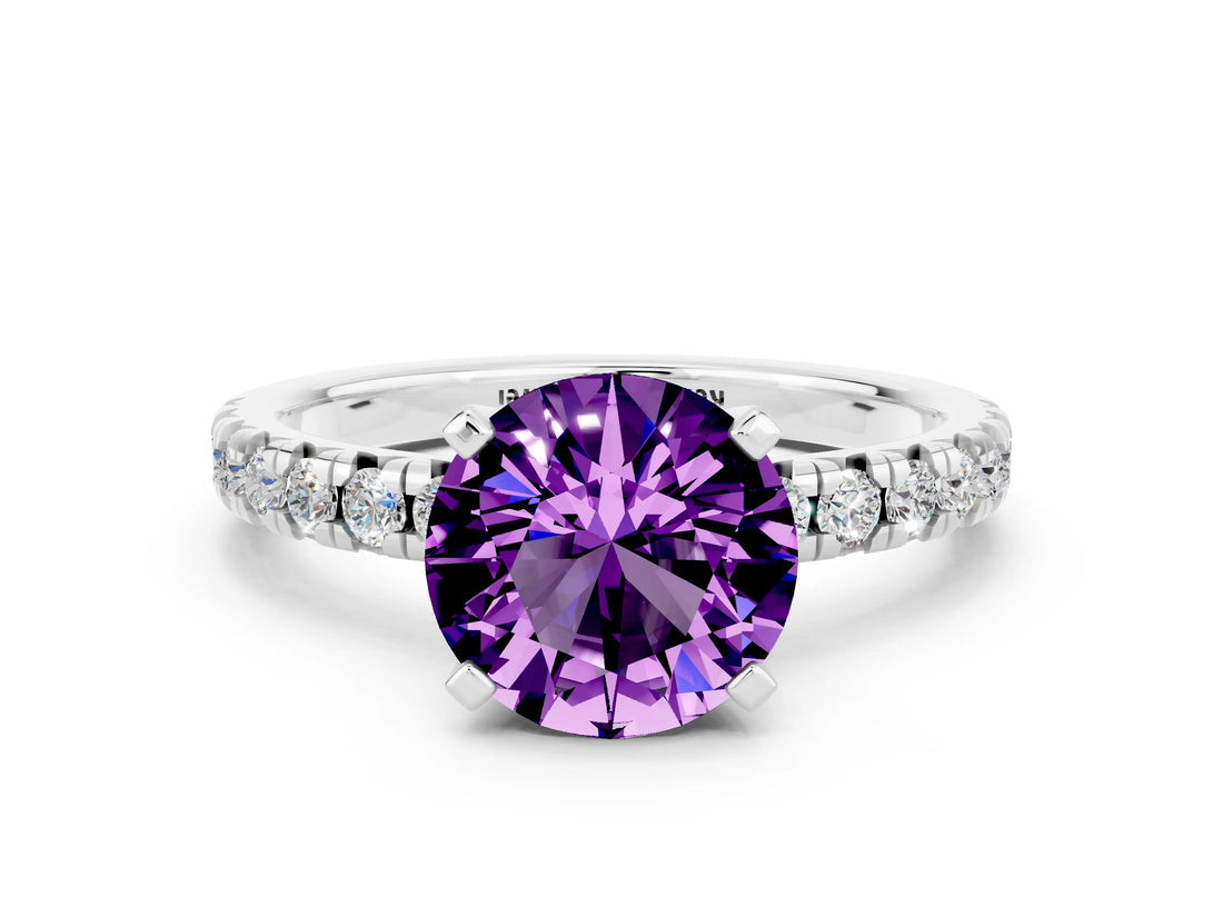 White gold Round Cut Amethyst Solitaire Pavé Engagement Ring with Round Band and Prong Setting_66