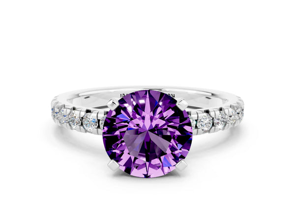 White gold Round Cut Amethyst Solitaire Pavé Engagement Ring with Round Band and Prong Setting