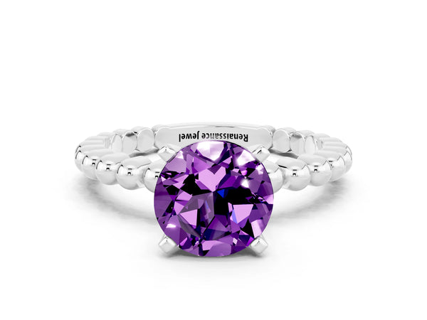 Platinum Round Cut Amethyst Solitaire Ring with Beaded Band and Prong Setting