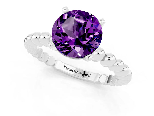 White gold Round Cut Amethyst Solitaire Ring with Beaded Band and Prong Setting
