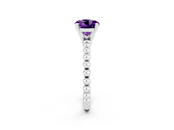 White gold Round Cut Amethyst Solitaire Ring with Beaded Band and Prong Setting