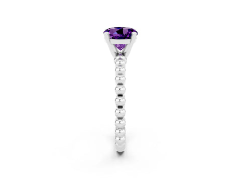 White gold Round Cut Amethyst Solitaire Ring with Beaded Band and Prong Setting_14
