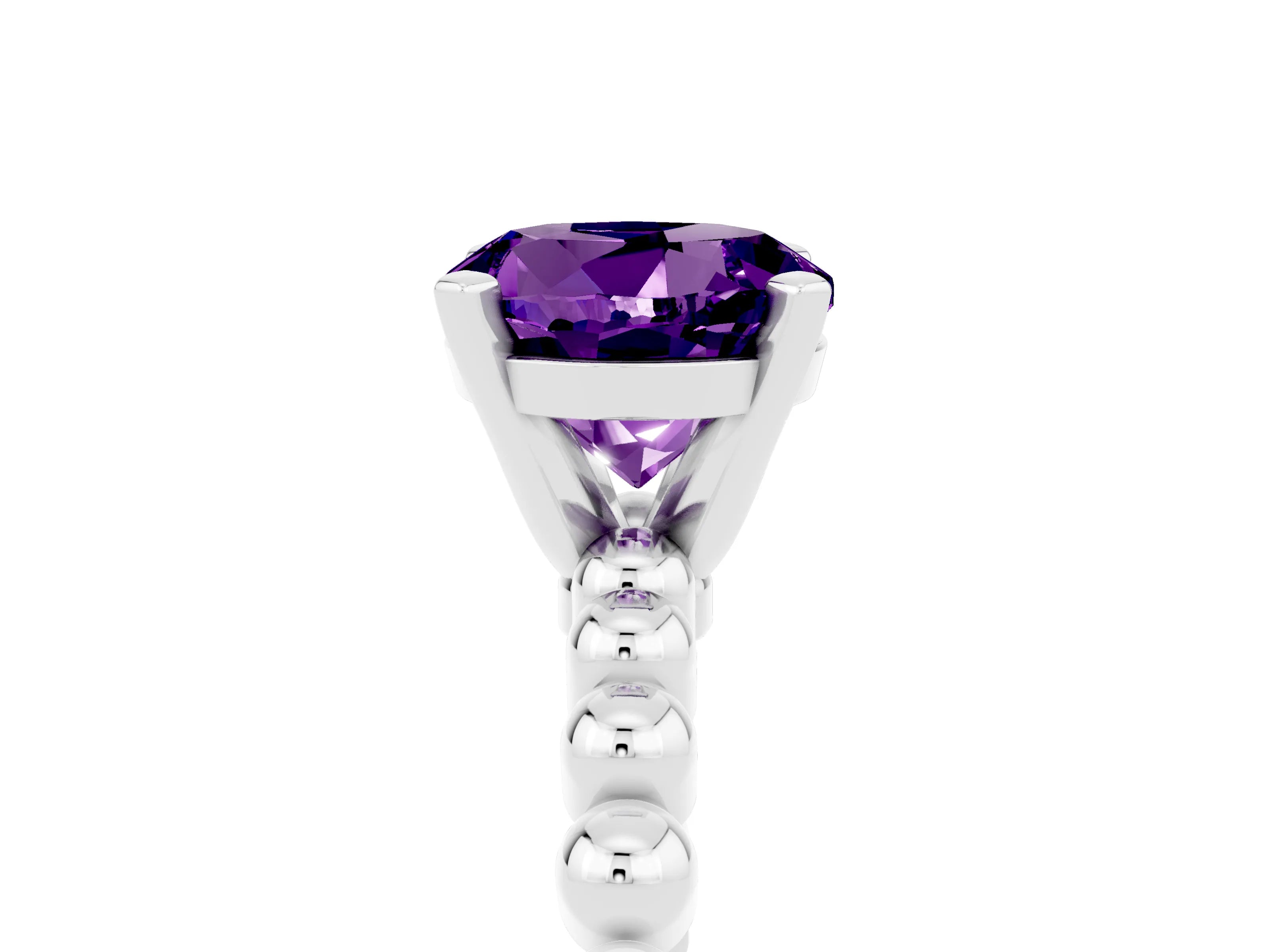 White gold Round Cut Amethyst Solitaire Ring with Beaded Band and Prong Setting_17