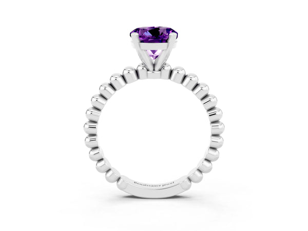 Platinum Round Cut Amethyst Solitaire Ring with Beaded Band and Prong Setting