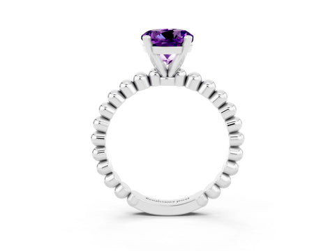 White gold Round Cut Amethyst Solitaire Ring with Beaded Band and Prong Setting_3