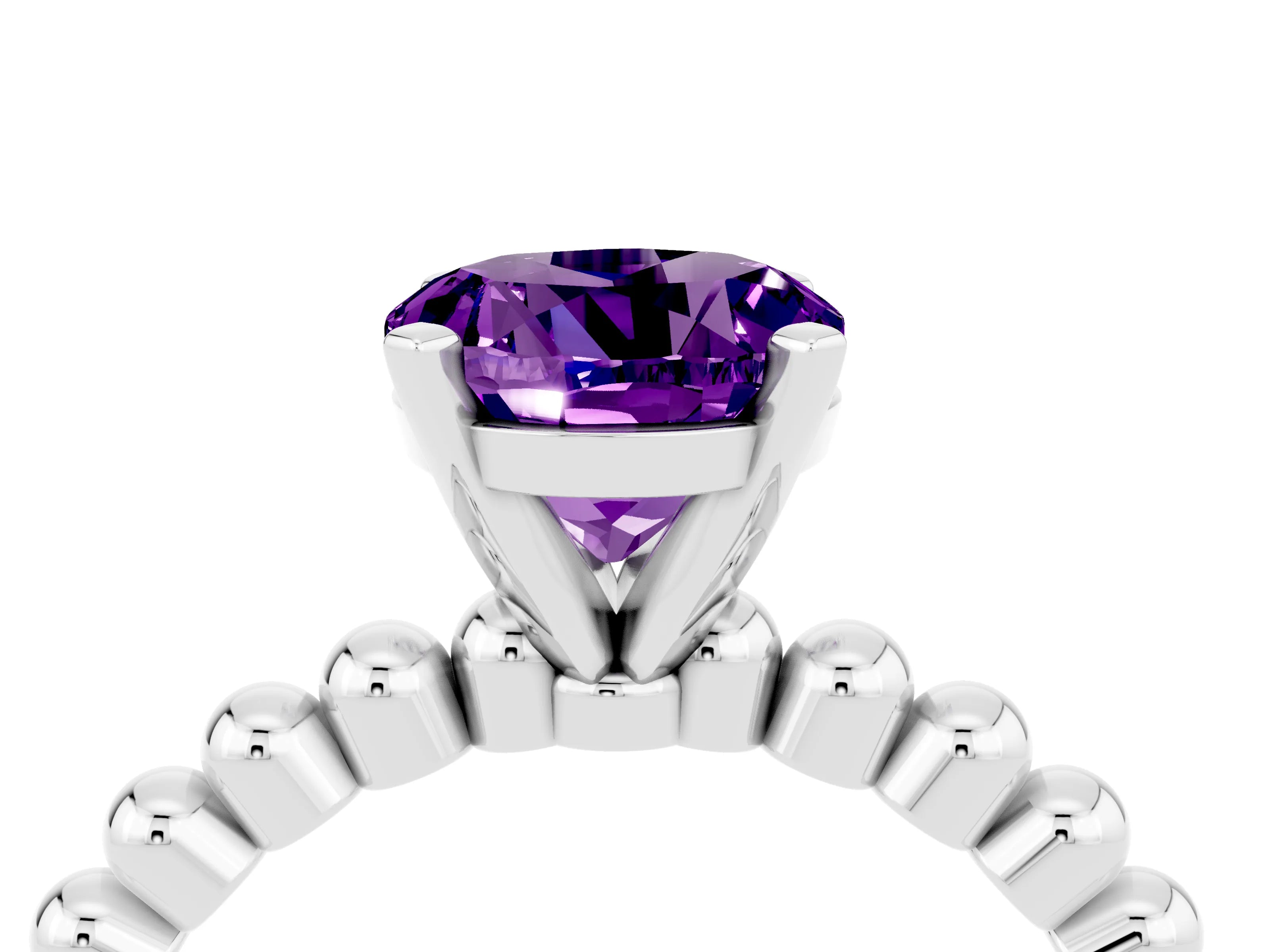 White gold Round Cut Amethyst Solitaire Ring with Beaded Band and Prong Setting_4