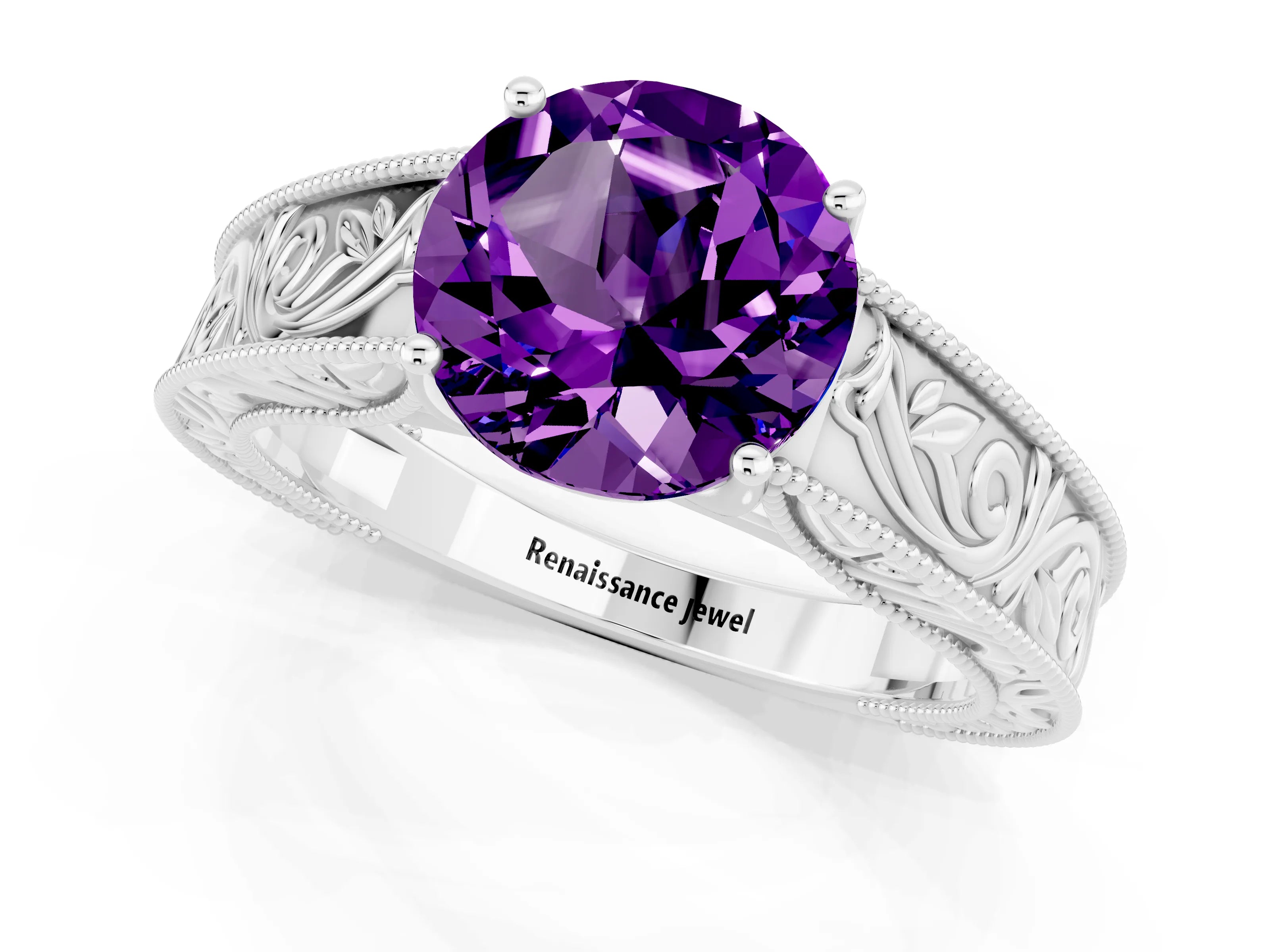 White gold Round Cut Amethyst Solitaire Ring with Engraved Band and Four-Prong Setting_1