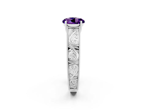 White gold Round Cut Amethyst Solitaire Ring with Engraved Band and Four-Prong Setting_2