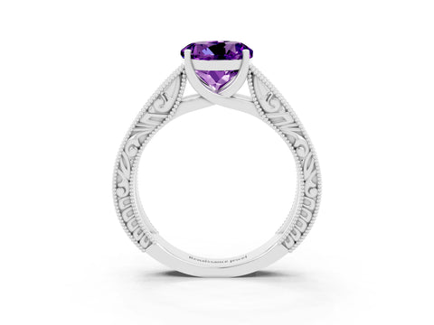 White gold Round Cut Amethyst Solitaire Ring with Engraved Band and Four-Prong Setting_3