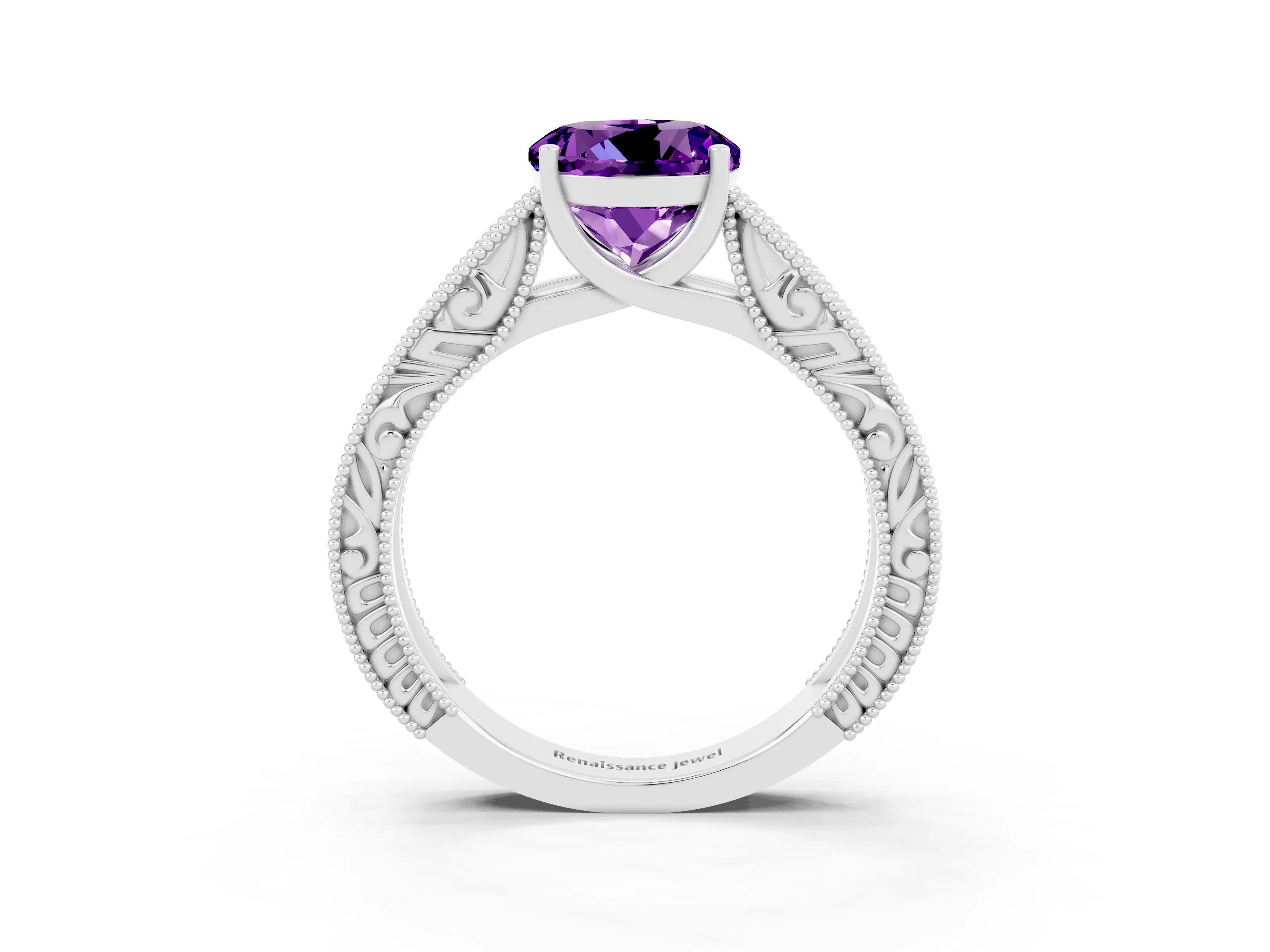 White gold Round Cut Amethyst Solitaire Ring with Engraved Band and Four-Prong Setting_3