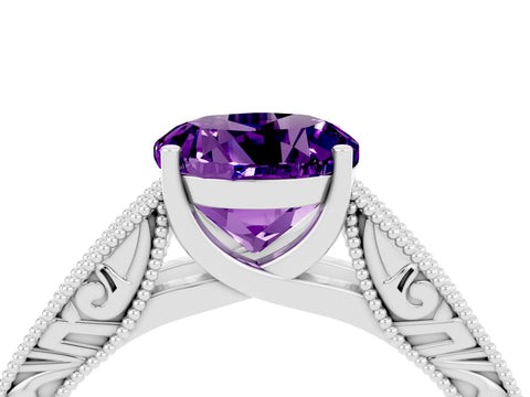 White gold Round Cut Amethyst Solitaire Ring with Engraved Band and Four-Prong Setting_4