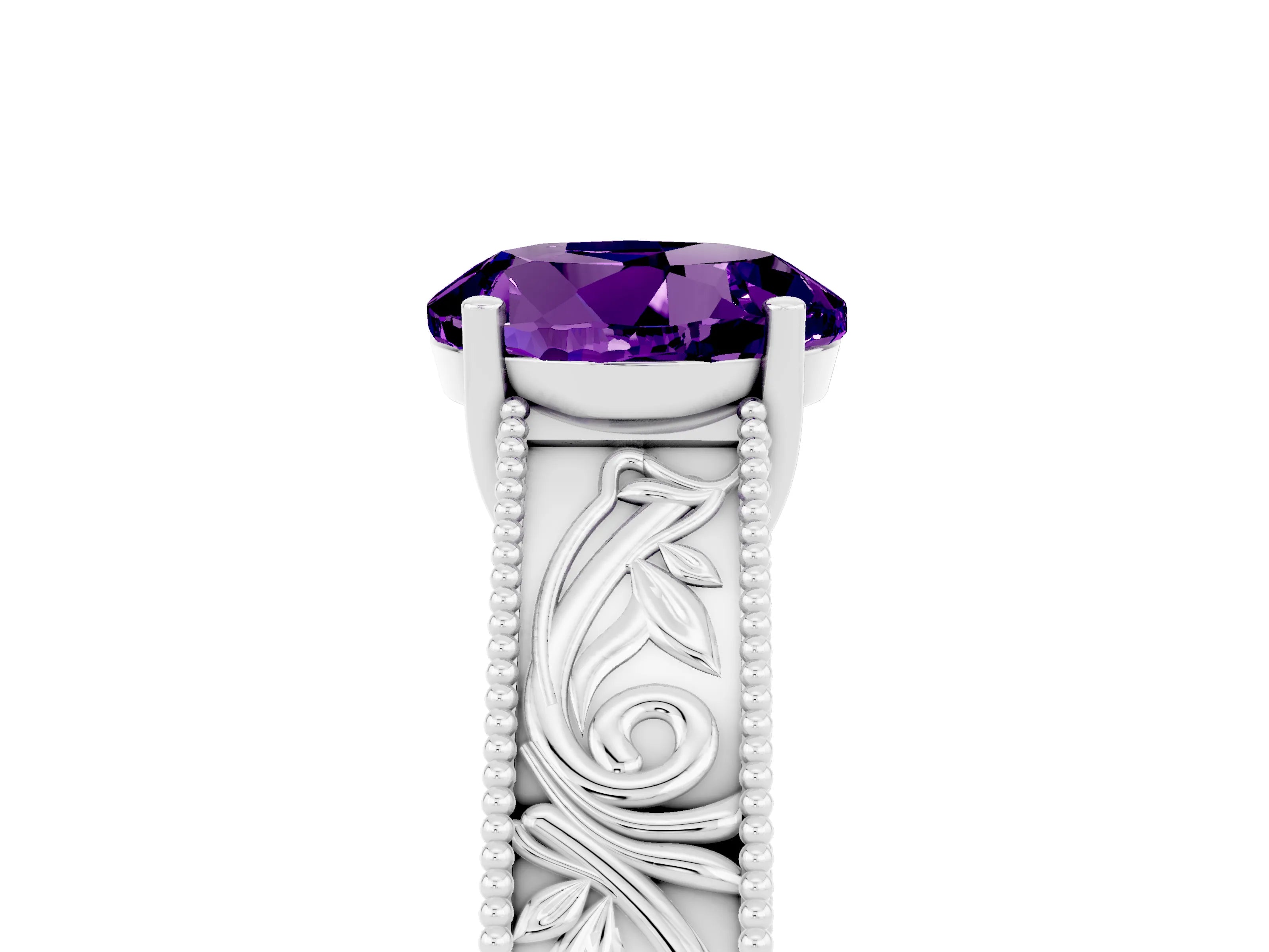 White gold Round Cut Amethyst Solitaire Ring with Engraved Band and Four-Prong Setting_5