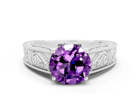 White gold Round Cut Amethyst Solitaire Ring with Engraved Band and Four-Prong Setting