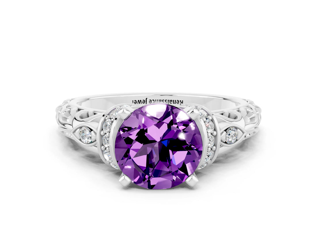 White gold Round Cut Amethyst Solitaire Ring with Filigree Band and Four-Prong Setting_24