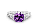 White gold Round Cut Amethyst Solitaire Ring with Filigree Band and Four-Prong Setting_24