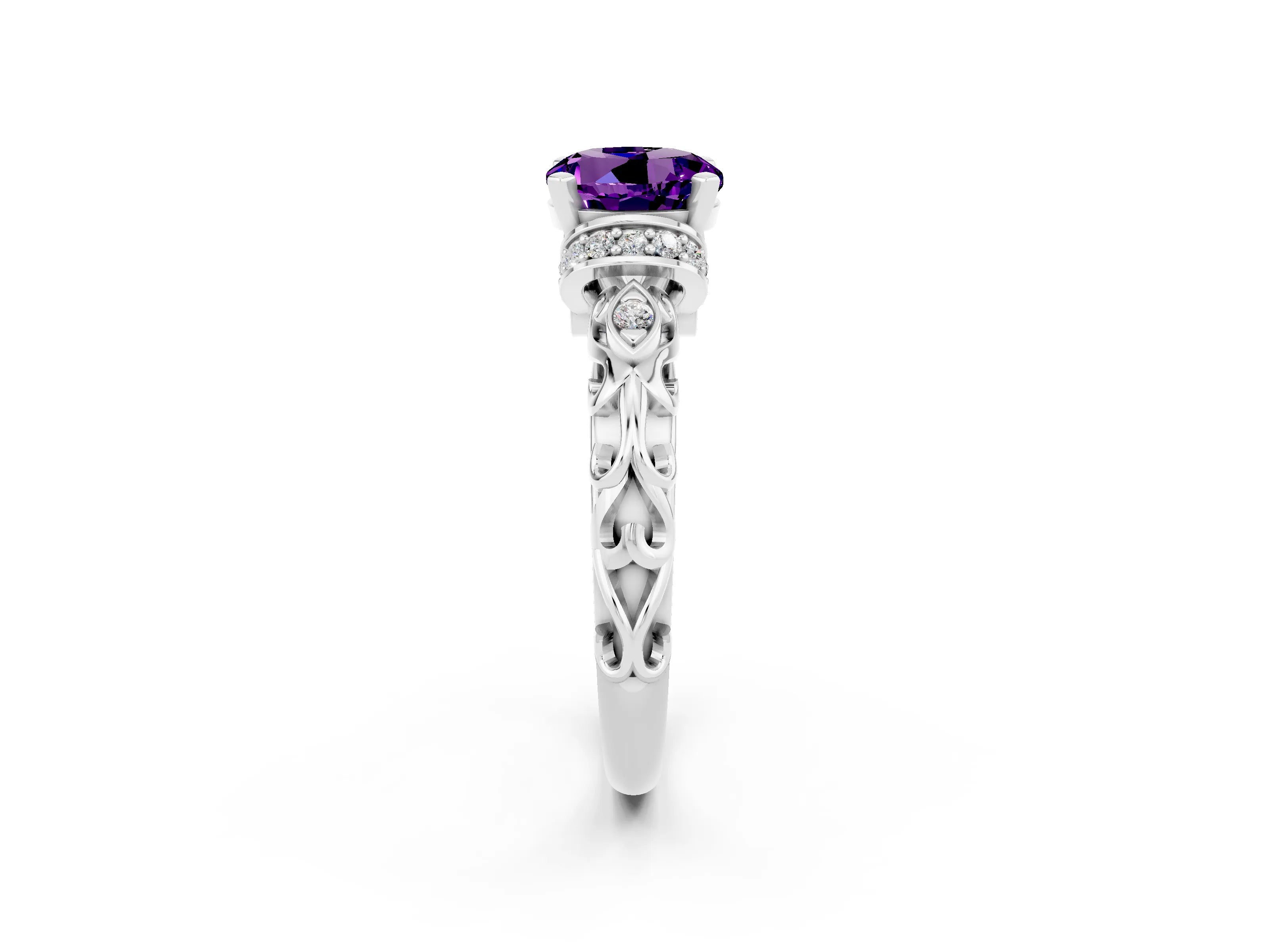 White gold Round Cut Amethyst Solitaire Ring with Filigree Band and Four-Prong Setting_26