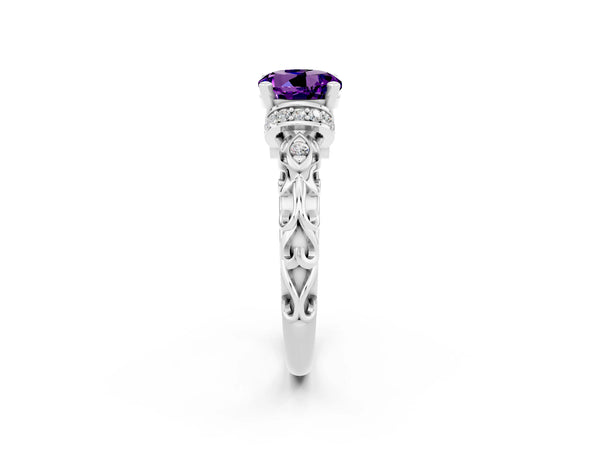Silver Round Cut Amethyst Solitaire Ring with Filigree Band and Four-Prong Setting