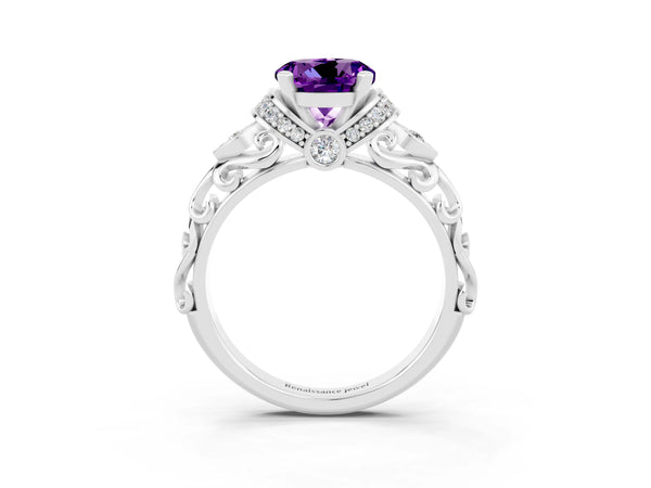 Platinum Round Cut Amethyst Solitaire Ring with Filigree Band and Four-Prong Setting