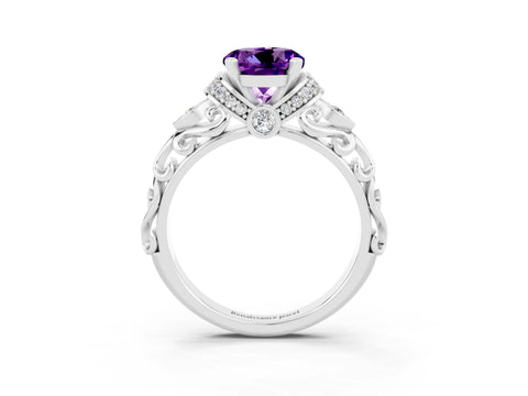White gold Round Cut Amethyst Solitaire Ring with Filigree Band and Four-Prong Setting_27