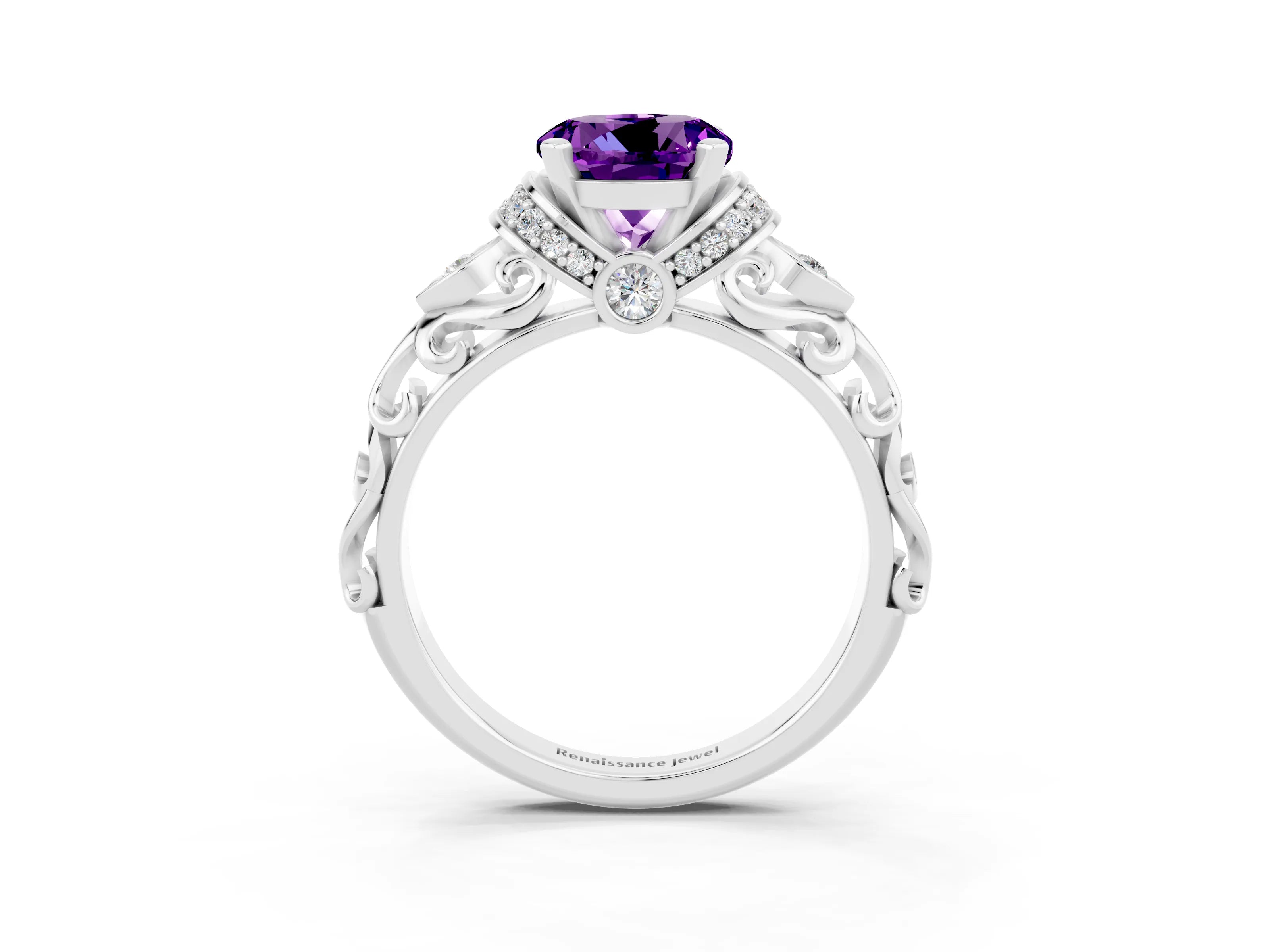 White gold Round Cut Amethyst Solitaire Ring with Filigree Band and Four-Prong Setting_27