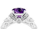 White gold Round Cut Amethyst Solitaire Ring with Filigree Band and Four-Prong Setting_28