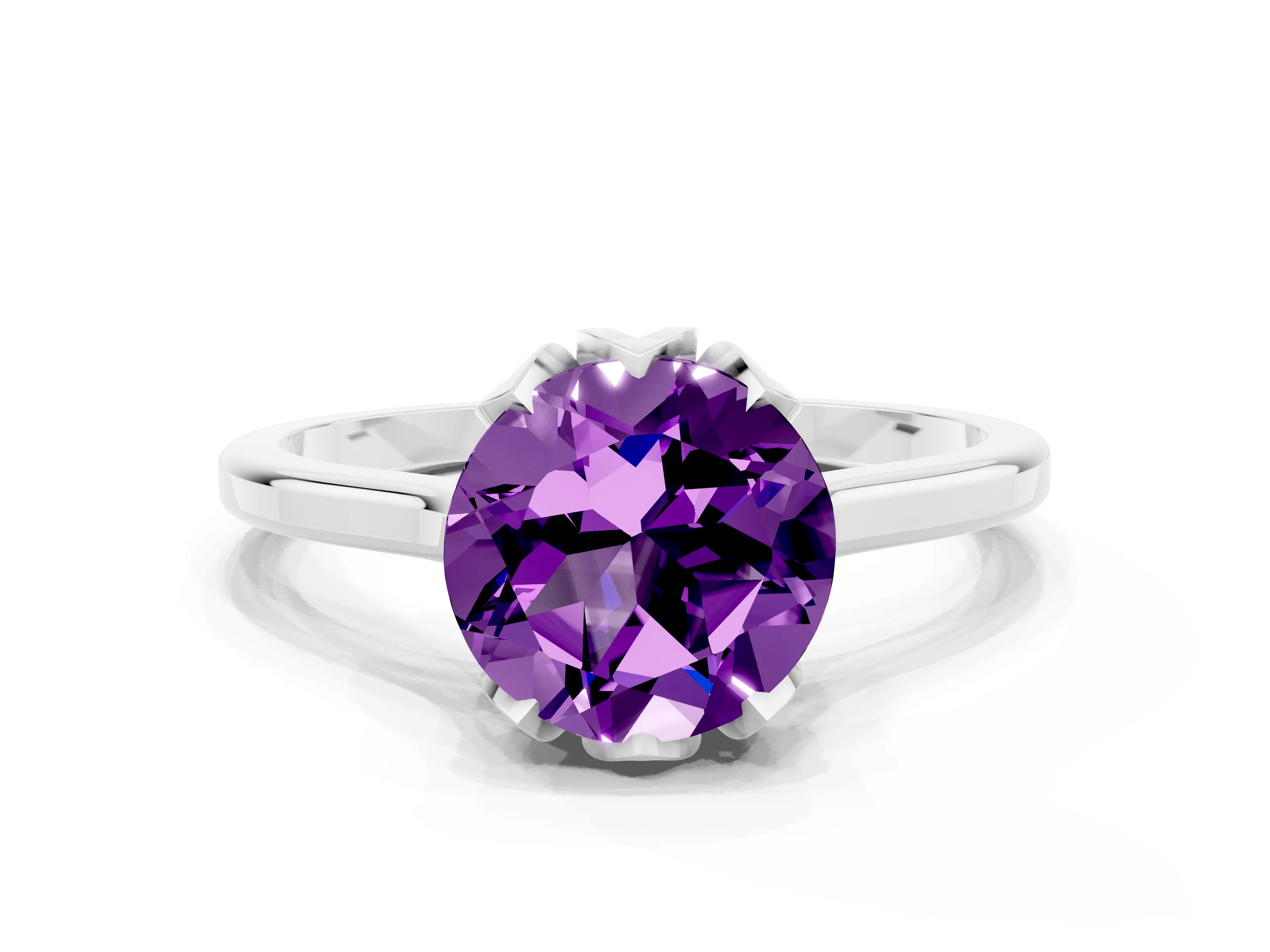 White gold Round Cut Amethyst Solitaire Ring with Flower Prong Setting and Classic Band_12