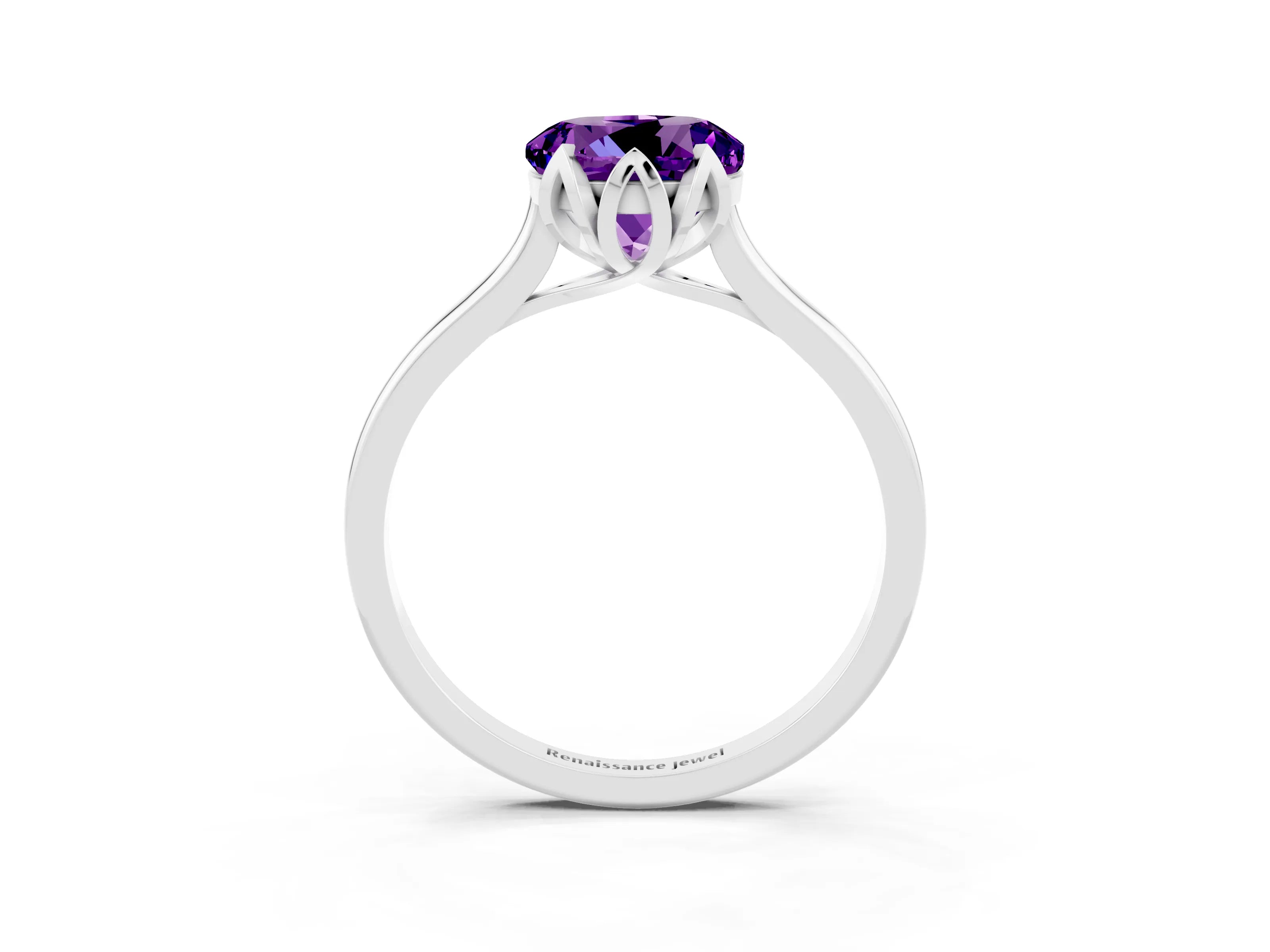 White gold Round Cut Amethyst Solitaire Ring with Flower Prong Setting and Classic Band_15