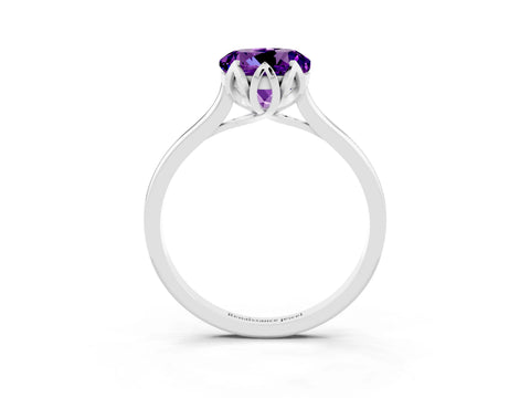 White gold Round Cut Amethyst Solitaire Ring with Flower Prong Setting and Classic Band_15