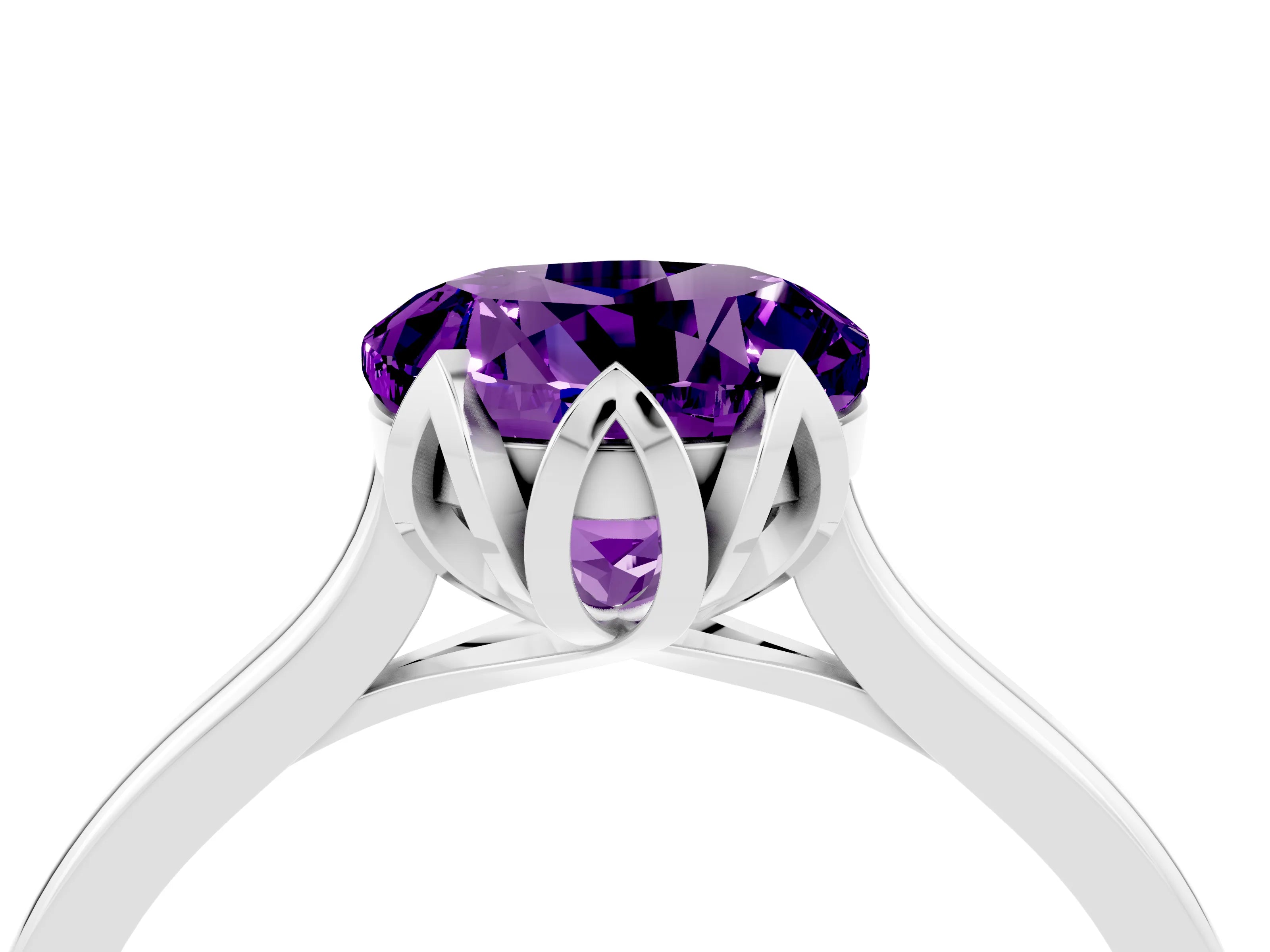 White gold Round Cut Amethyst Solitaire Ring with Flower Prong Setting and Classic Band_16