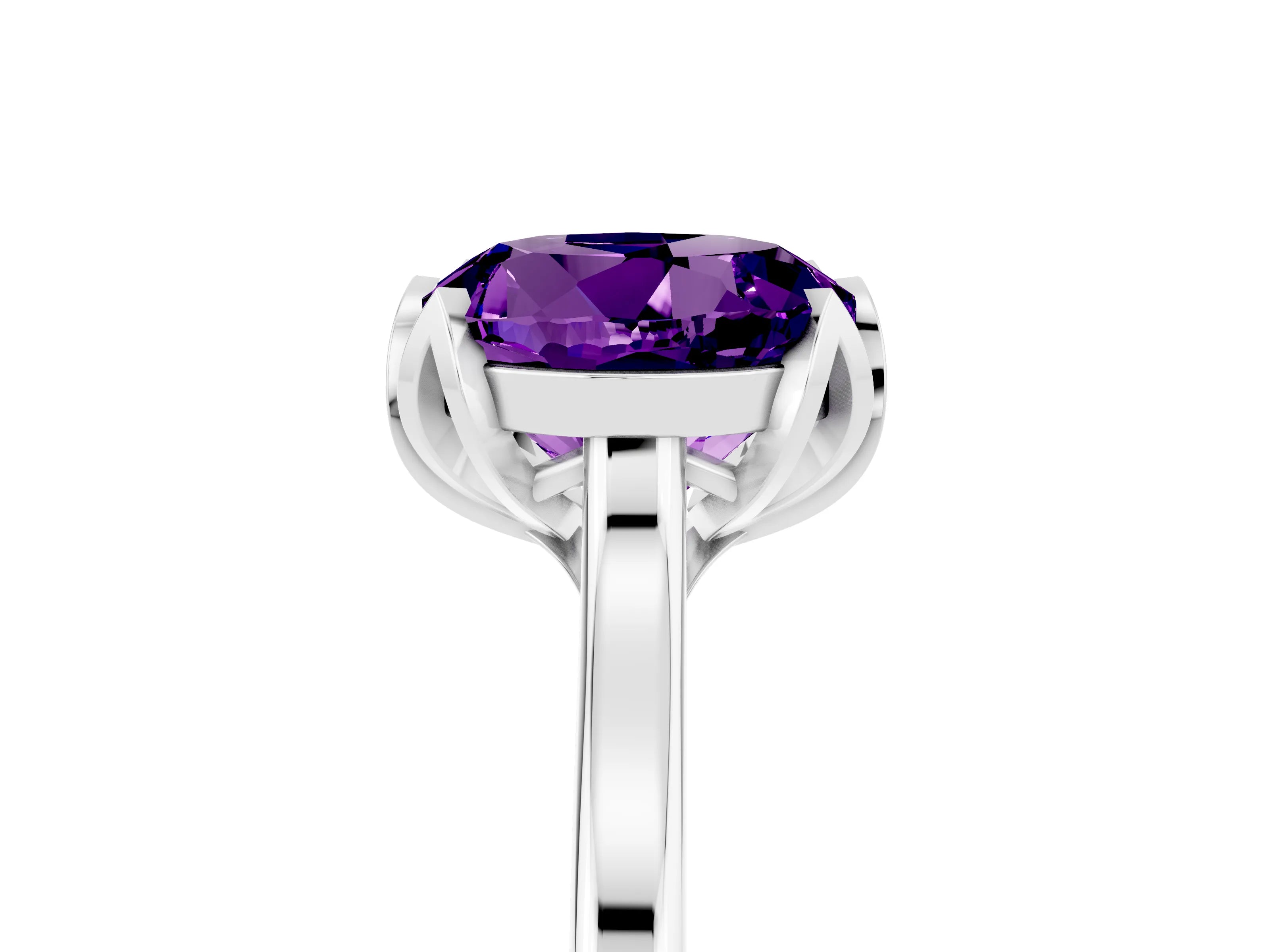 White gold Round Cut Amethyst Solitaire Ring with Flower Prong Setting and Classic Band_17