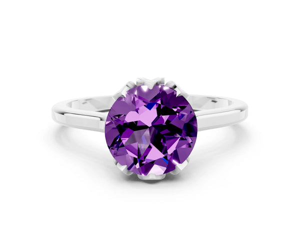 White gold Round Cut Amethyst Solitaire Ring with Flower Prong Setting and Classic Band