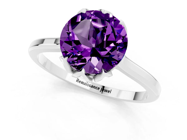 White gold Round Cut Amethyst Solitaire Ring with Flower Prong Setting and Classic Band