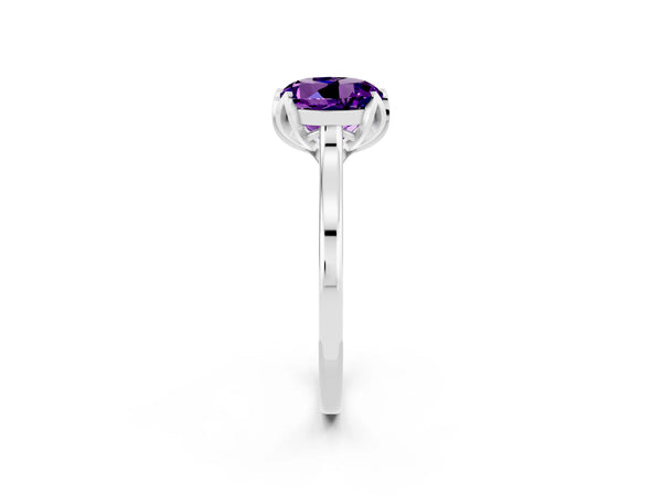 White gold Round Cut Amethyst Solitaire Ring with Flower Prong Setting and Classic Band
