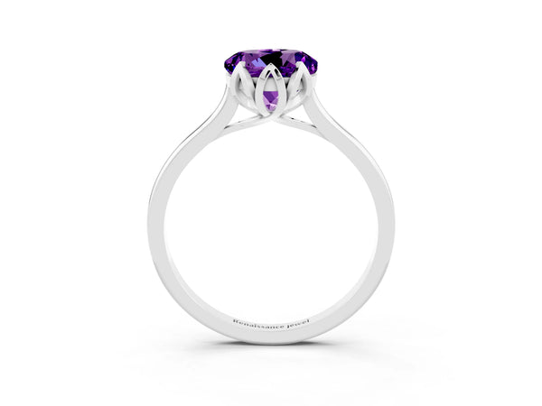 White gold Round Cut Amethyst Solitaire Ring with Flower Prong Setting and Classic Band