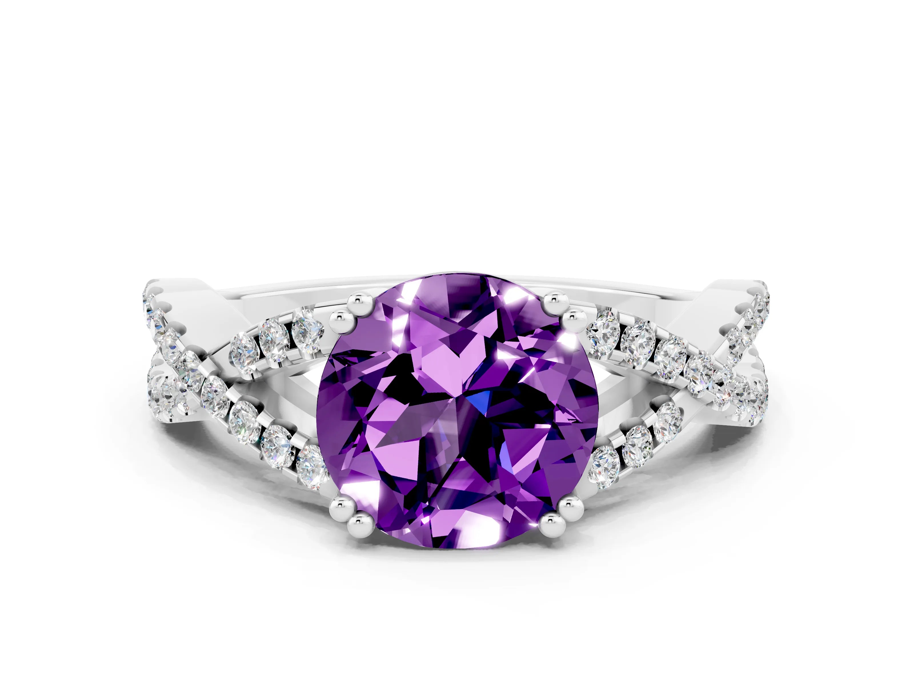 White gold Round Cut Amethyst Solitaire Ring with Four-Prong Setting and Twisted Pavé Band