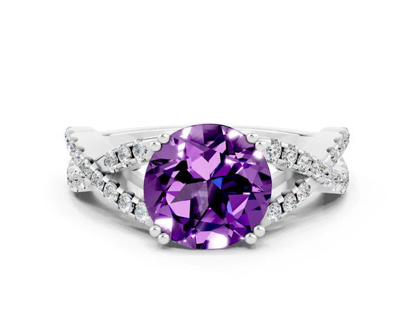 Platinum Round Cut Amethyst Solitaire Ring with Four-Prong Setting and Twisted Pavé Band