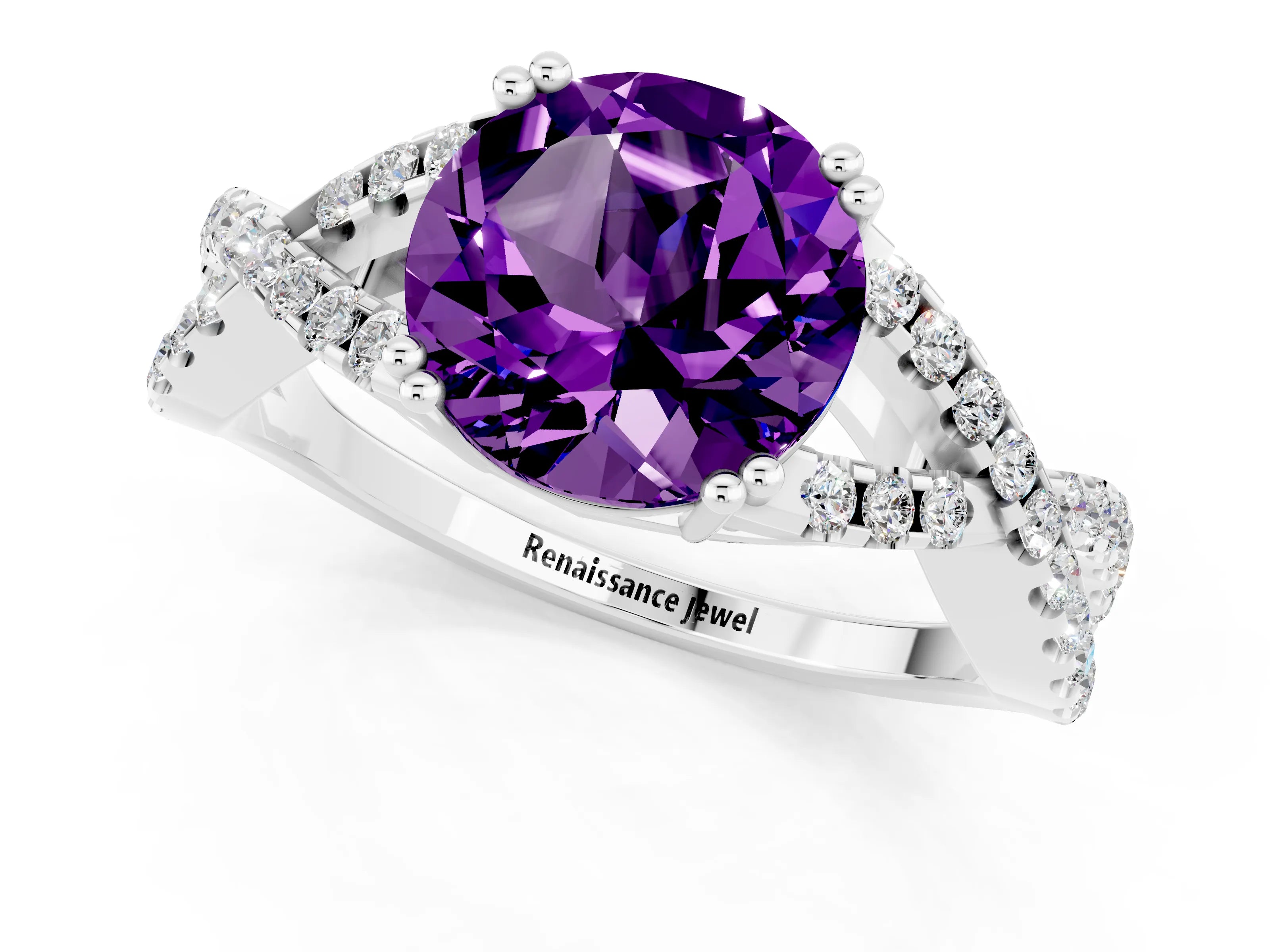 White gold Round Cut Amethyst Solitaire Ring with Four-Prong Setting and Twisted Pavé Band_1