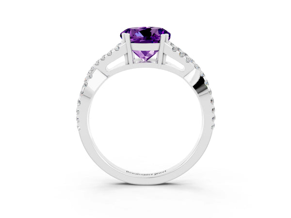 Platinum Round Cut Amethyst Solitaire Ring with Four-Prong Setting and Twisted Pavé Band