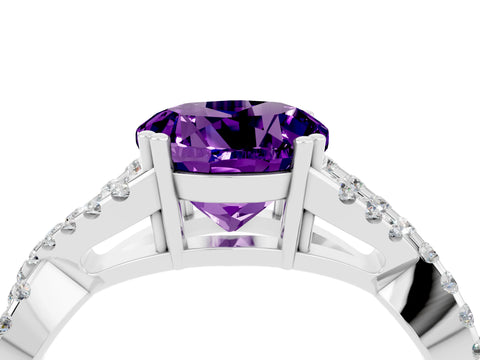 White gold Round Cut Amethyst Solitaire Ring with Four-Prong Setting and Twisted Pavé Band_4