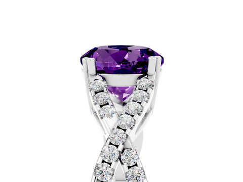 White gold Round Cut Amethyst Solitaire Ring with Four-Prong Setting and Twisted Pavé Band_5